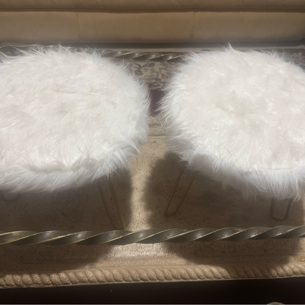 White Furry Stools with Gold Legs